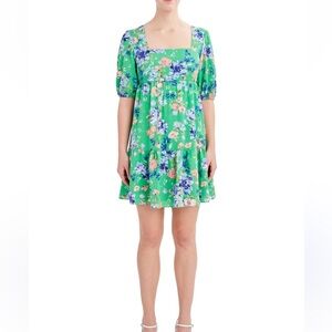 BCBG Paris Green Dress with Pink Floral Design large - ruffled bottom